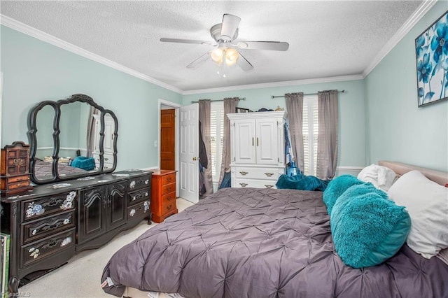 4104 Moss Brook Dr, Winston-Salem, NC 27127 - bedroom with a ceiling fan, crown molding, light colored carpet, and a textured ceiling