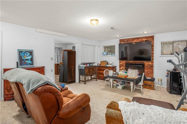 4104 Moss Brook Dr, Winston-Salem, NC 27127 - living room featuring a fireplace, carpet, and a textured ceiling