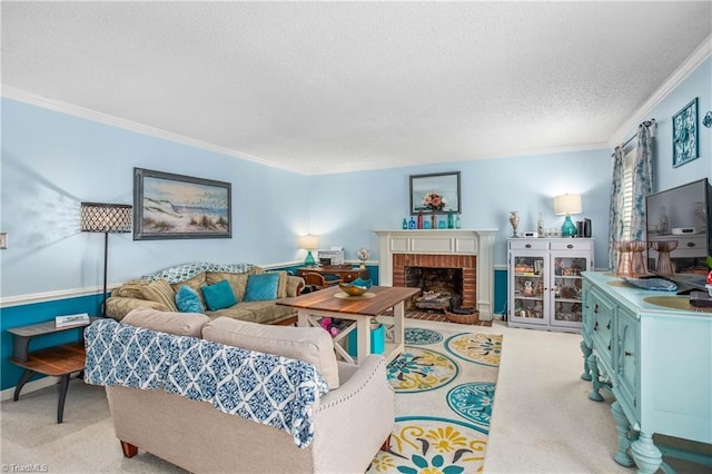 4104 Moss Brook Dr, Winston-Salem, NC 27127 - living room with carpet flooring, ornamental molding, a fireplace, and a textured ceiling