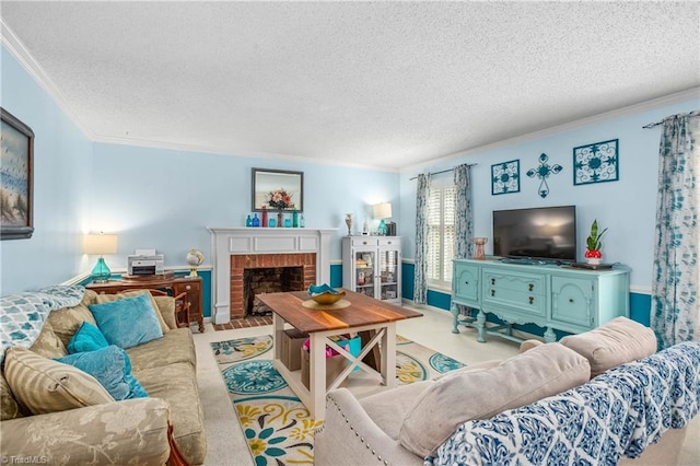 4104 Moss Brook Dr, Winston-Salem, NC 27127 - living area with a fireplace, crown molding, carpet, and a textured ceiling
