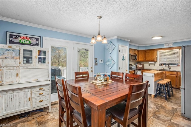 4104 Moss Brook Dr, Winston-Salem, NC 27127 - dining area with ornamental molding, a chandelier, and a wealth of natural light