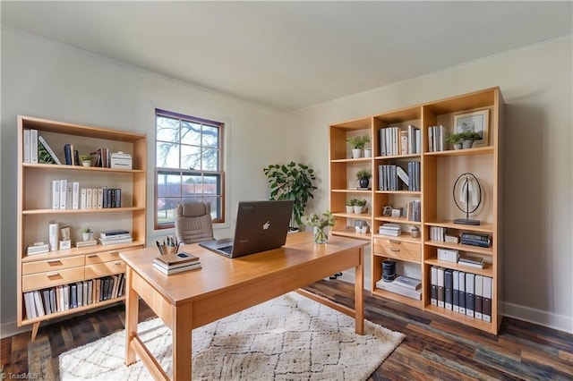 office area featuring baseboards and dark wood-style flooring