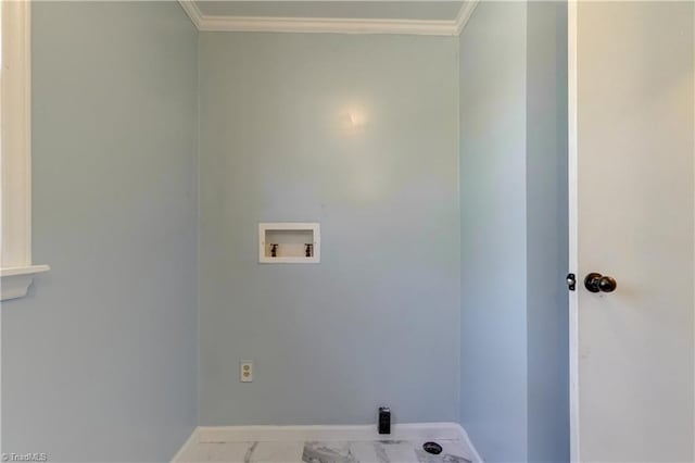 laundry room with crown molding, baseboards, washer hookup, laundry area, and marble finish floor