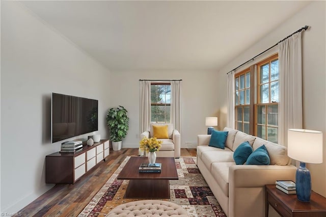 living room with baseboards and wood finished floors