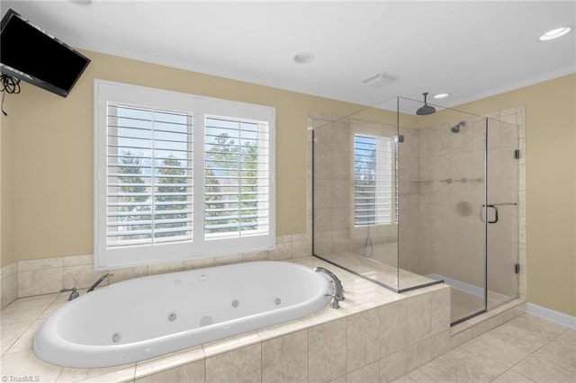 full bathroom with recessed lighting, visible vents, ornamental molding, a stall shower, and a whirlpool tub