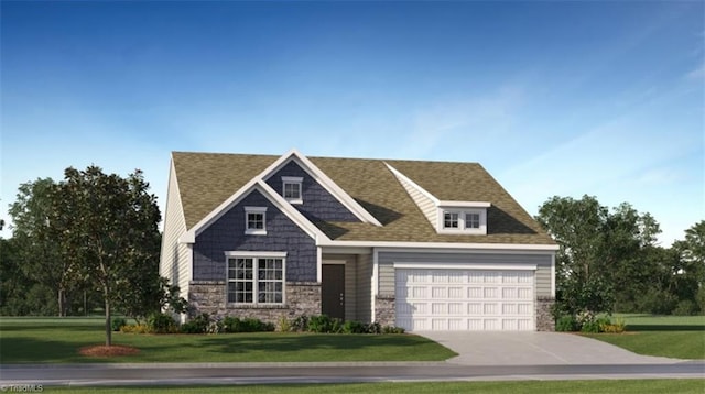 craftsman house featuring roof with shingles, a front yard, a garage, stone siding, and driveway