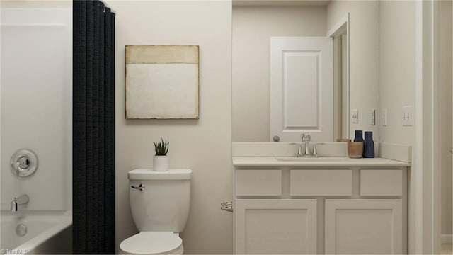 bathroom featuring toilet, shower / bath combo, and vanity