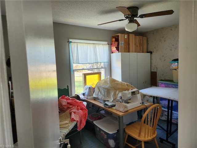 dining area featuring ceiling fan and a textured ceiling