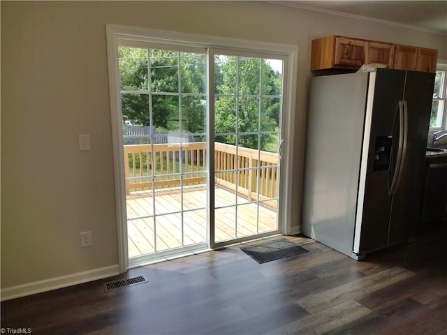 251 Marshall Farm Rd, Mount Airy, NC 27030 - doorway to outside featuring dark wood finished floors and crown molding