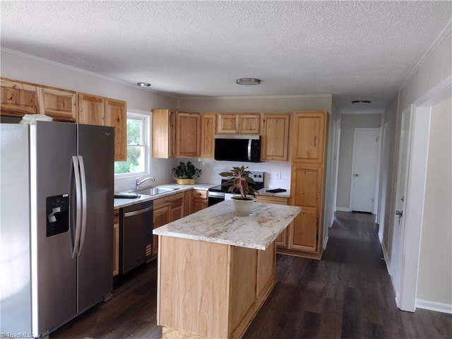 251 Marshall Farm Rd, Mount Airy, NC 27030 - kitchen with stainless steel appliances, a textured ceiling, dark wood-type flooring, a kitchen island, and light brown cabinets