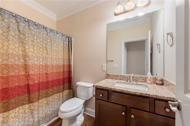 bathroom with toilet, wood finished floors, vanity, ornamental molding, and a shower with curtain