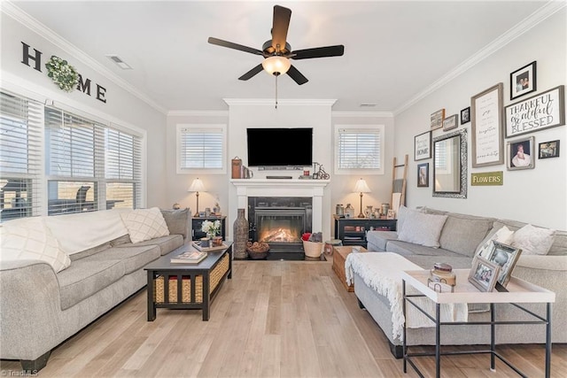 living room with crown molding, plenty of natural light, and light wood finished floors