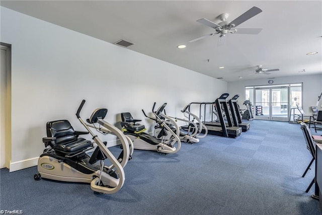 workout area with ceiling fan, french doors, and carpet