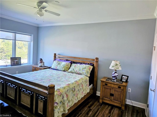 bedroom with dark wood-type flooring, ornamental molding, and ceiling fan