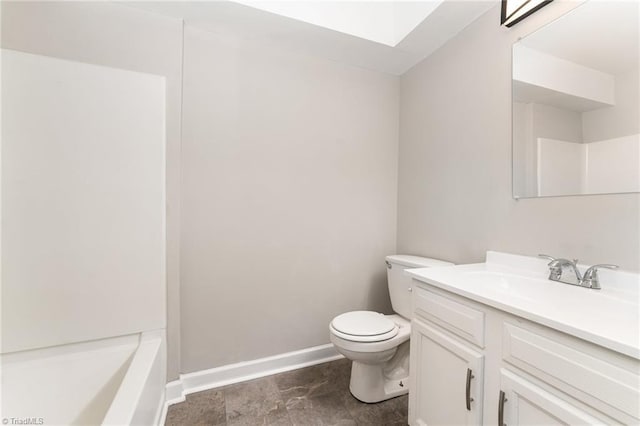 full bathroom featuring independent shower and bath, vanity, and toilet