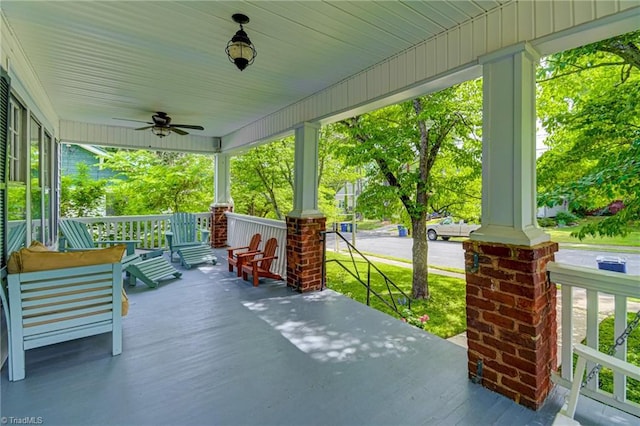 view of patio / terrace featuring covered porch and ceiling fan