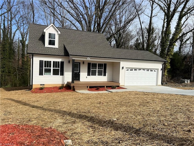 view of front facade with driveway, a shingled roof, crawl space, and an attached garage