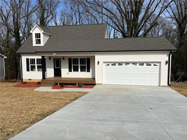 view of front facade featuring driveway, a garage, roof with shingles, crawl space, and covered porch