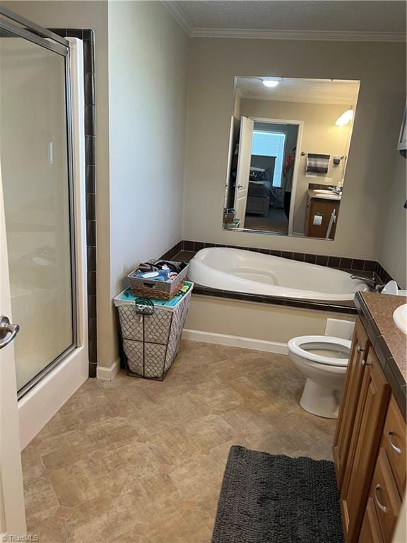 full bathroom with vanity, shower with separate bathtub, toilet, and crown molding