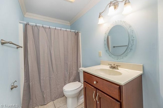 full bathroom with toilet, tile patterned floors, vanity, ornamental molding, and a shower with curtain