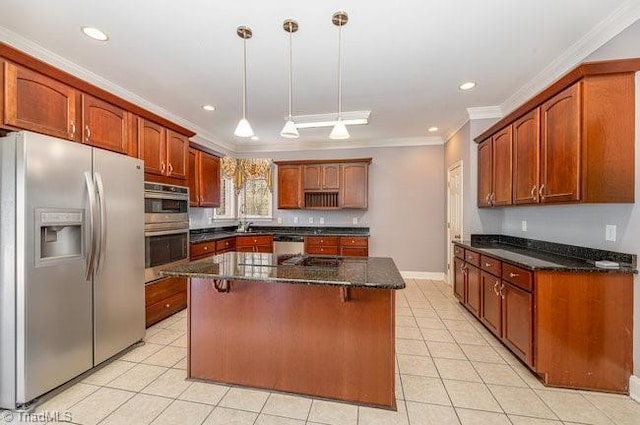 kitchen with appliances with stainless steel finishes, crown molding, dark stone countertops, and light tile patterned floors