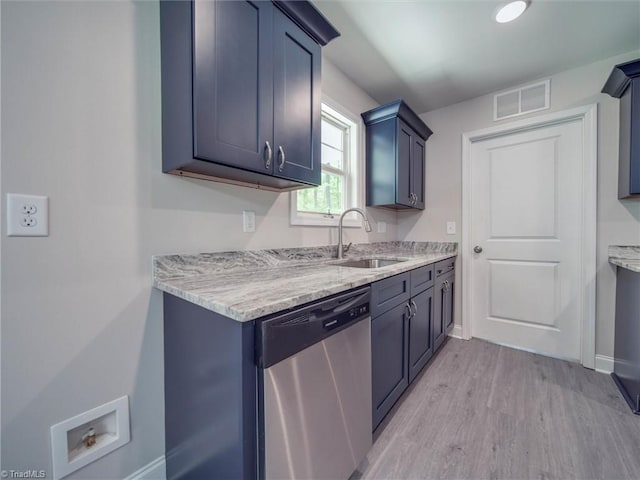 kitchen with stainless steel dishwasher, sink, light hardwood / wood-style flooring, and light stone countertops