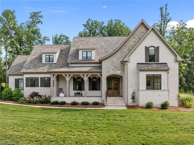 7604 Pemberley Dr, Oak Ridge, NC 27310 - view of front of property featuring a porch, a front yard, and brick siding
