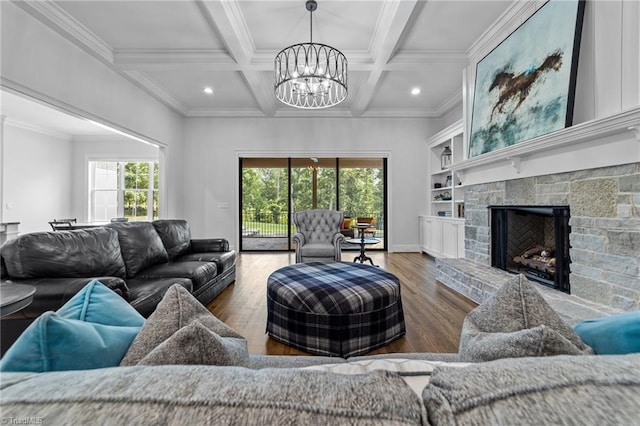 7604 Pemberley Dr, Oak Ridge, NC 27310 - living room with a chandelier, wood finished floors, beam ceiling, coffered ceiling, and recessed lighting