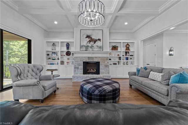 7604 Pemberley Dr, Oak Ridge, NC 27310 - living room with crown molding, a chandelier, wood finished floors, coffered ceiling, and beam ceiling