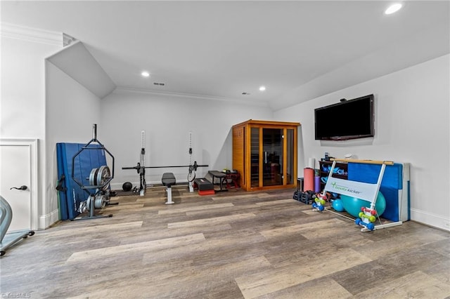 7604 Pemberley Dr, Oak Ridge, NC 27310 - exercise area with wood finished floors, recessed lighting, and ornamental molding