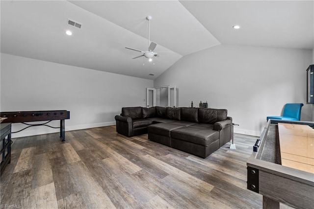 7604 Pemberley Dr, Oak Ridge, NC 27310 - living room with a ceiling fan, vaulted ceiling, wood finished floors, and recessed lighting