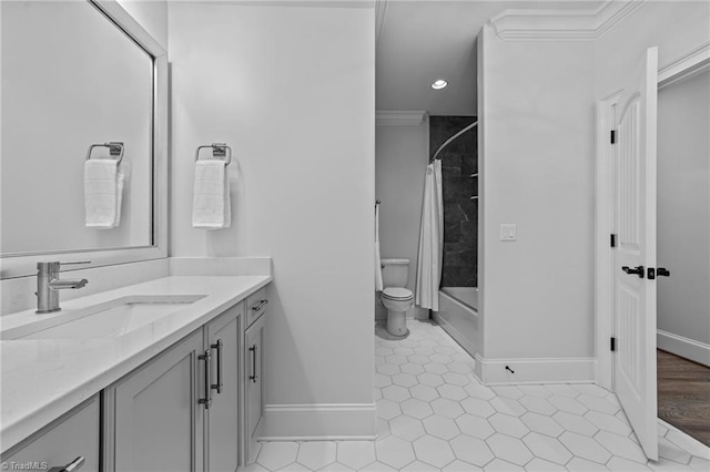 7604 Pemberley Dr, Oak Ridge, NC 27310 - full bath featuring vanity, shower / tub combo, tile patterned flooring, ornamental molding, and recessed lighting