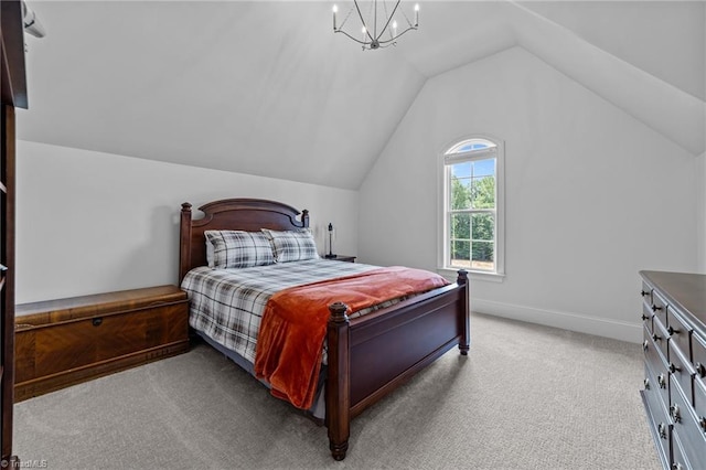 7604 Pemberley Dr, Oak Ridge, NC 27310 - bedroom with light carpet, lofted ceiling, and a chandelier