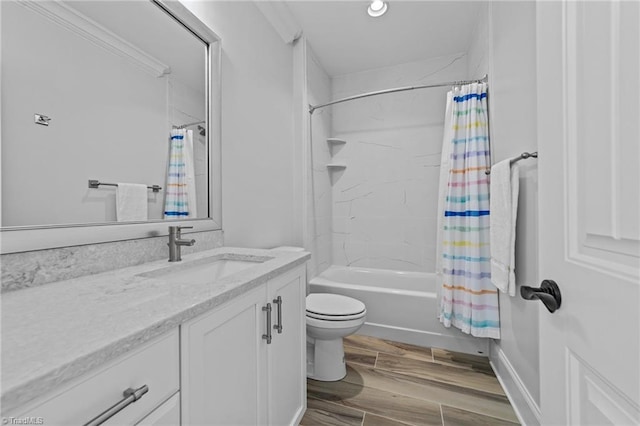 7604 Pemberley Dr, Oak Ridge, NC 27310 - full bathroom with vanity, shower / bath combo, wood finished floors, and crown molding