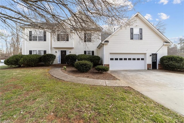 view of front of property featuring a garage, concrete driveway, and a front lawn