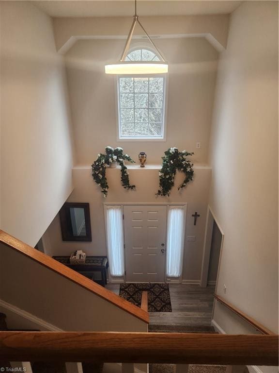 entryway featuring stairway, a high ceiling, and wood finished floors