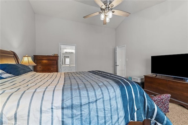 carpeted bedroom with ceiling fan and ensuite bathroom