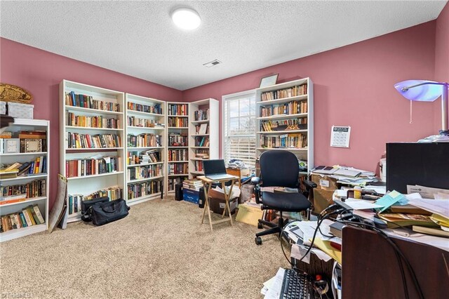 office area featuring a textured ceiling and carpet floors