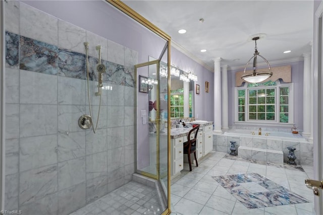 bathroom featuring a healthy amount of sunlight, shower with separate bathtub, vanity, and crown molding