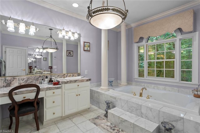 bathroom with vanity, a relaxing tiled tub, crown molding, and decorative columns