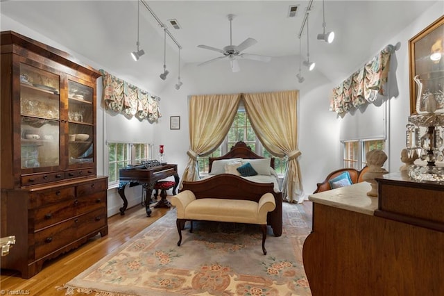 living area featuring ceiling fan, light hardwood / wood-style flooring, plenty of natural light, and track lighting