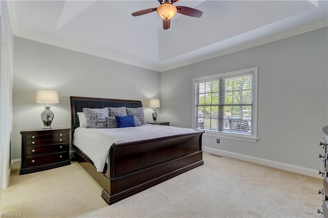 bedroom with crown molding, baseboards, carpet flooring, and ceiling fan