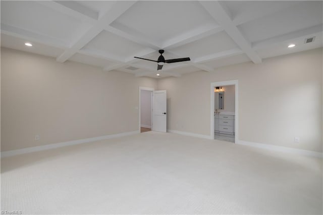 unfurnished bedroom featuring coffered ceiling, beam ceiling, recessed lighting, light colored carpet, and baseboards