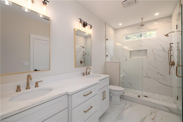 full bathroom featuring a marble finish shower, toilet, marble finish flooring, double vanity, and recessed lighting