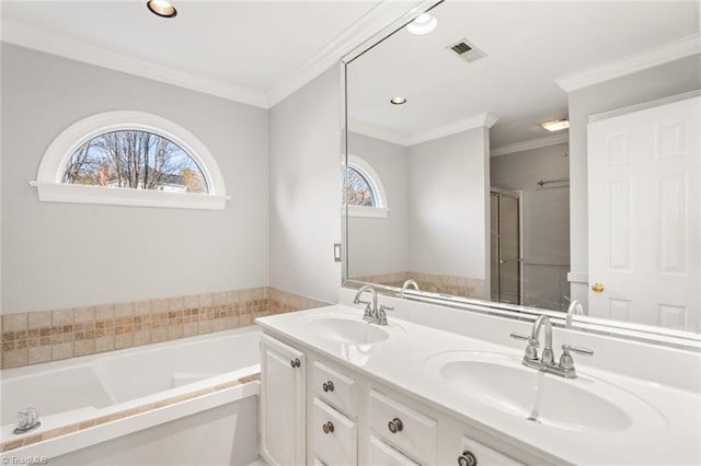 bathroom with crown molding, vanity, and a bath