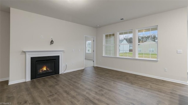 unfurnished living room with dark hardwood / wood-style flooring