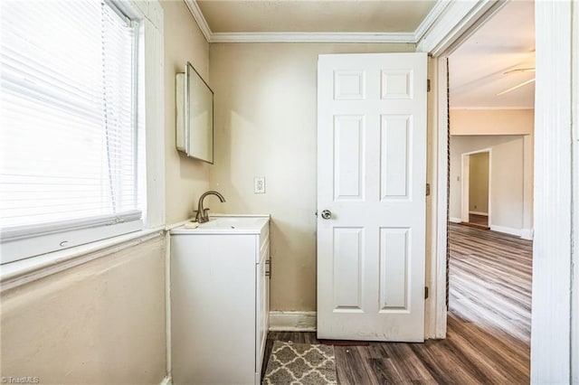 clothes washing area with a sink, baseboards, dark wood-style flooring, and crown molding