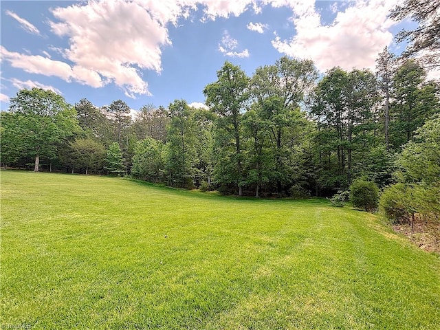view of green lawn featuring a view of trees