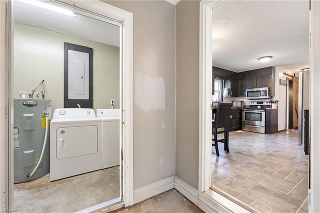 267 Pine Ridge Trl, Pinnacle, NC 27043 - laundry room featuring electric water heater, electric panel, washer and dryer, and a textured ceiling