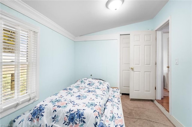 bedroom with carpet flooring and vaulted ceiling